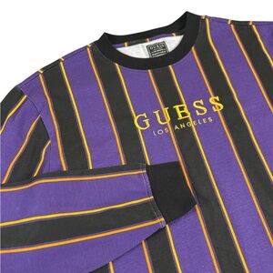 VTG Y2K GUESS Los Angeles Striped Logo Long Sleeve Tee Purple Gold Mens M